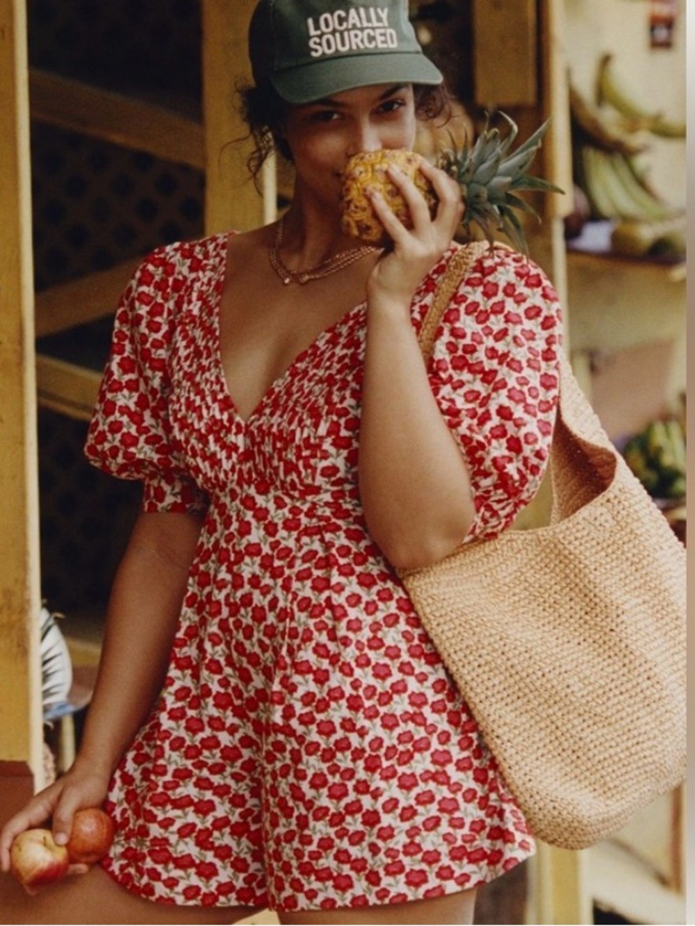 MAEVE PUFF-SLEEVE V-NECK PINTUCK ROMPER